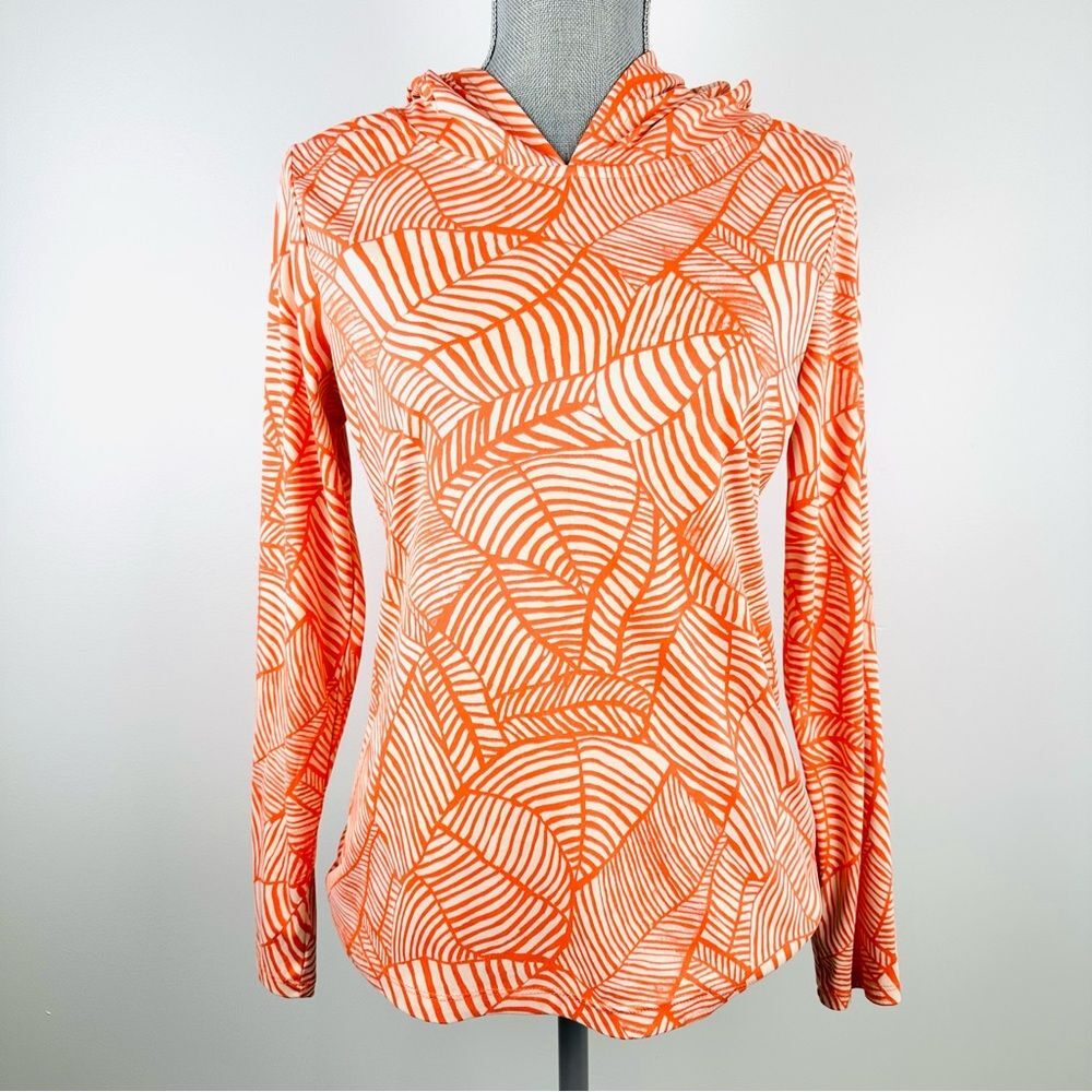 Skyr SZ M Orange White Leaf Print Hooded Top Long Sleeve Casual Activewear